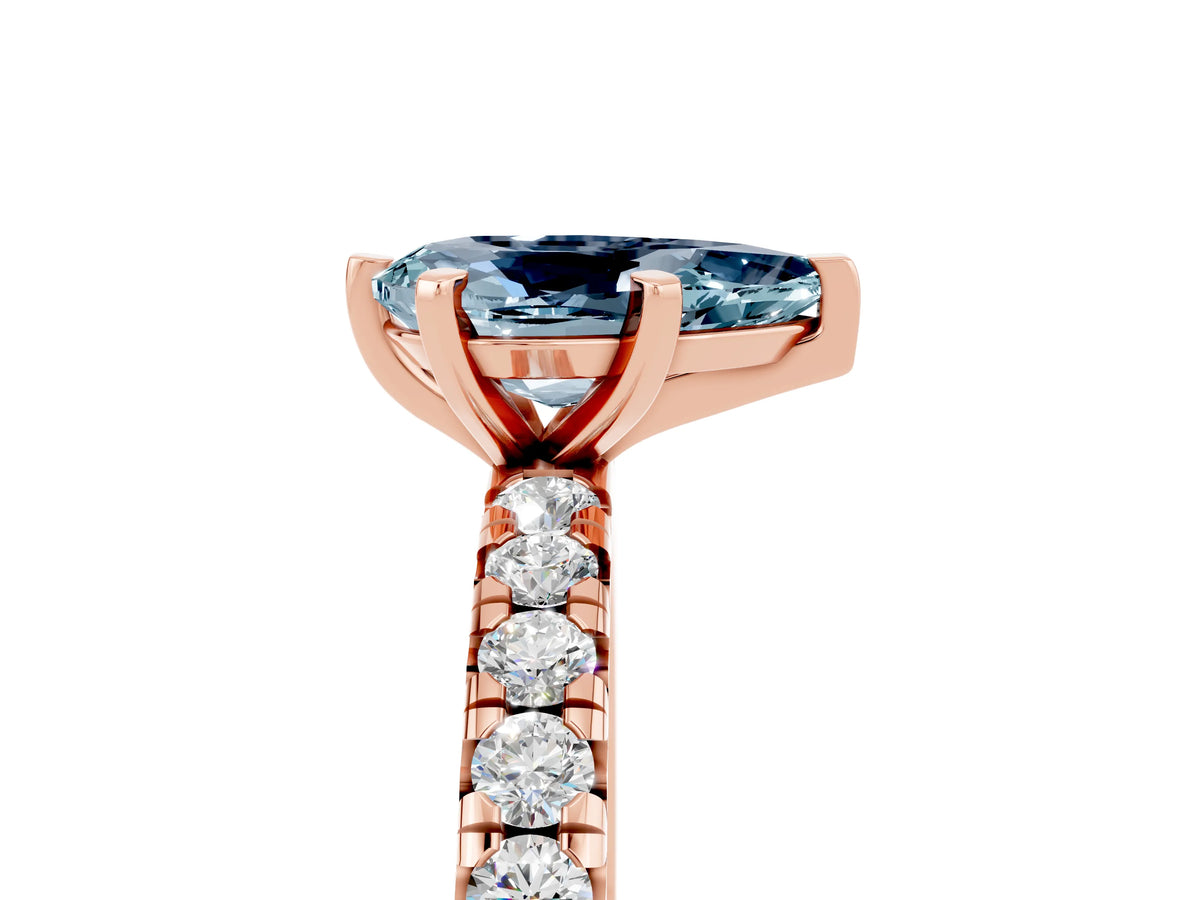 Pear Cut Aquamarine Pavé Solitaire Ring in Rose gold with Round Pavé Band and Prong Setting_5