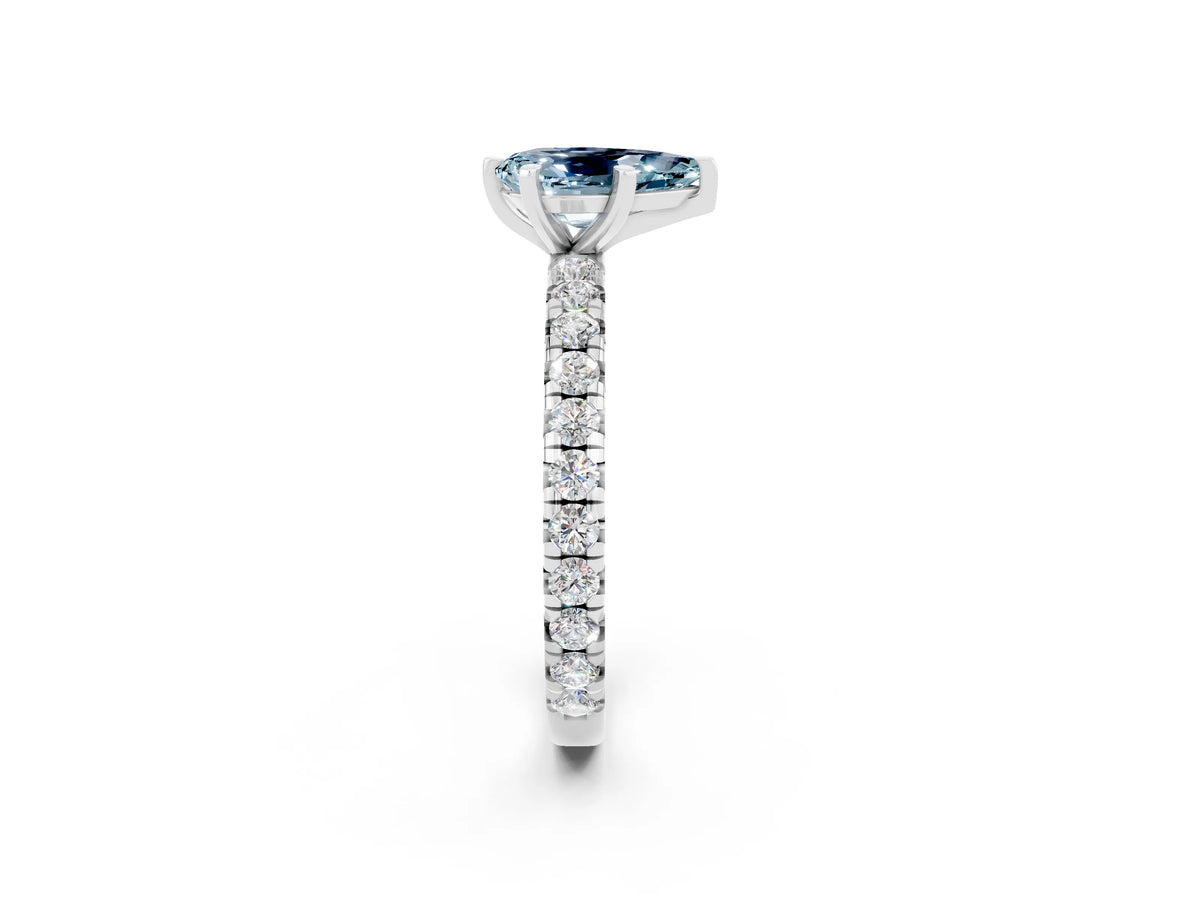 Pear Cut Aquamarine Pavé Solitaire Ring in Silver with Round Pavé Band and Prong Setting_2
