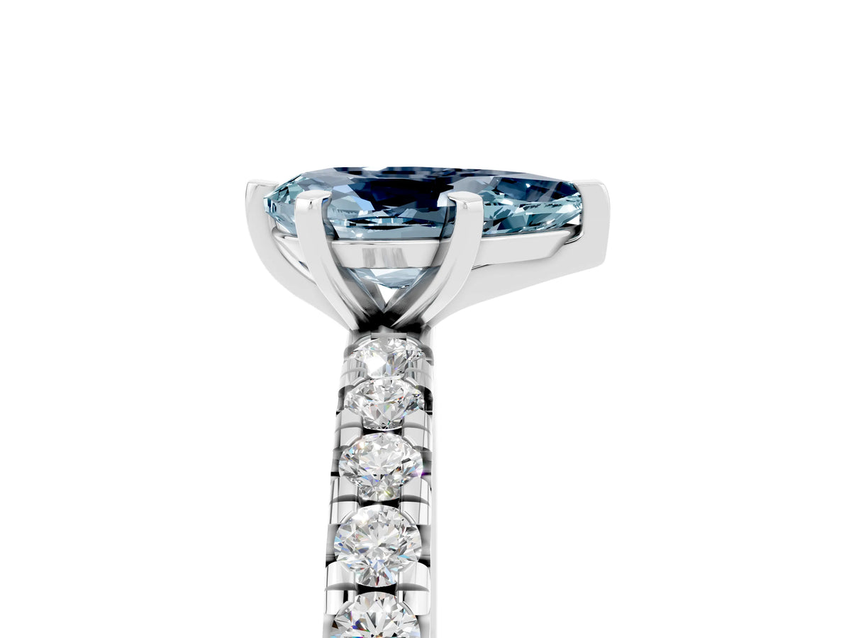 Pear Cut Aquamarine Pavé Solitaire Ring in Silver with Round Pavé Band and Prong Setting_5