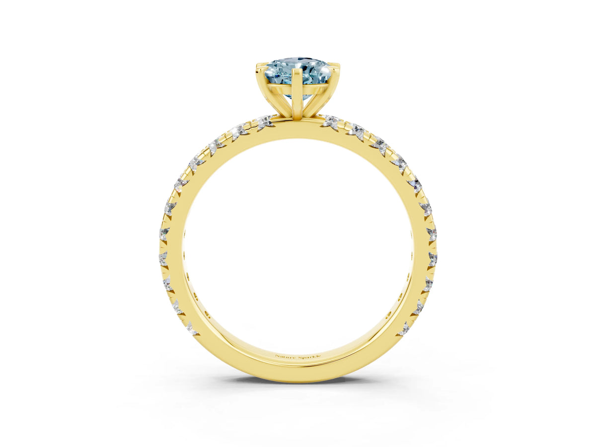 Pear Cut Aquamarine Pavé Solitaire Ring in Yellow gold with Round Pavé Band and Prong Setting_3
