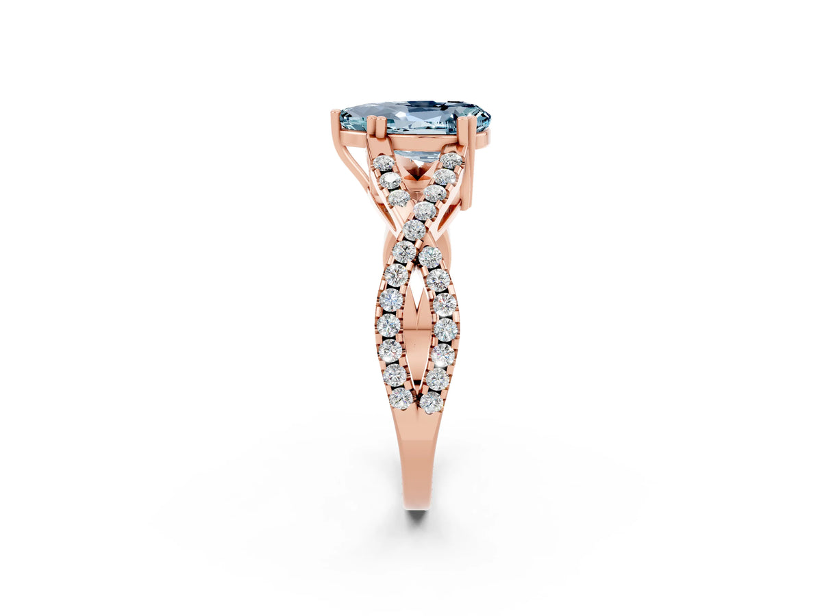 Pear Cut Aquamarine Solitaire Ring in Rose gold with Interwoven Pavé Band and Prong Setting_2