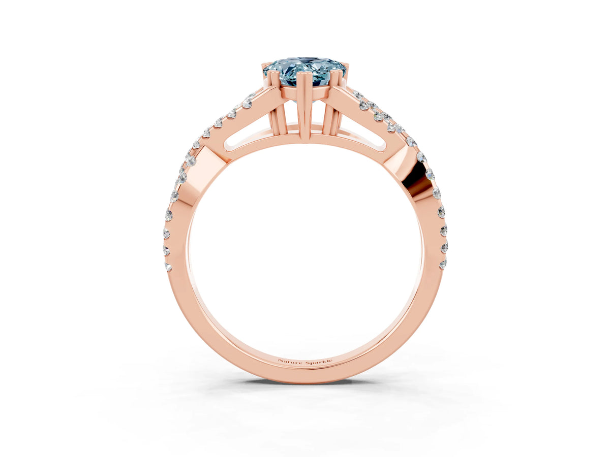 Pear Cut Aquamarine Solitaire Ring in Rose gold with Interwoven Pavé Band and Prong Setting_3