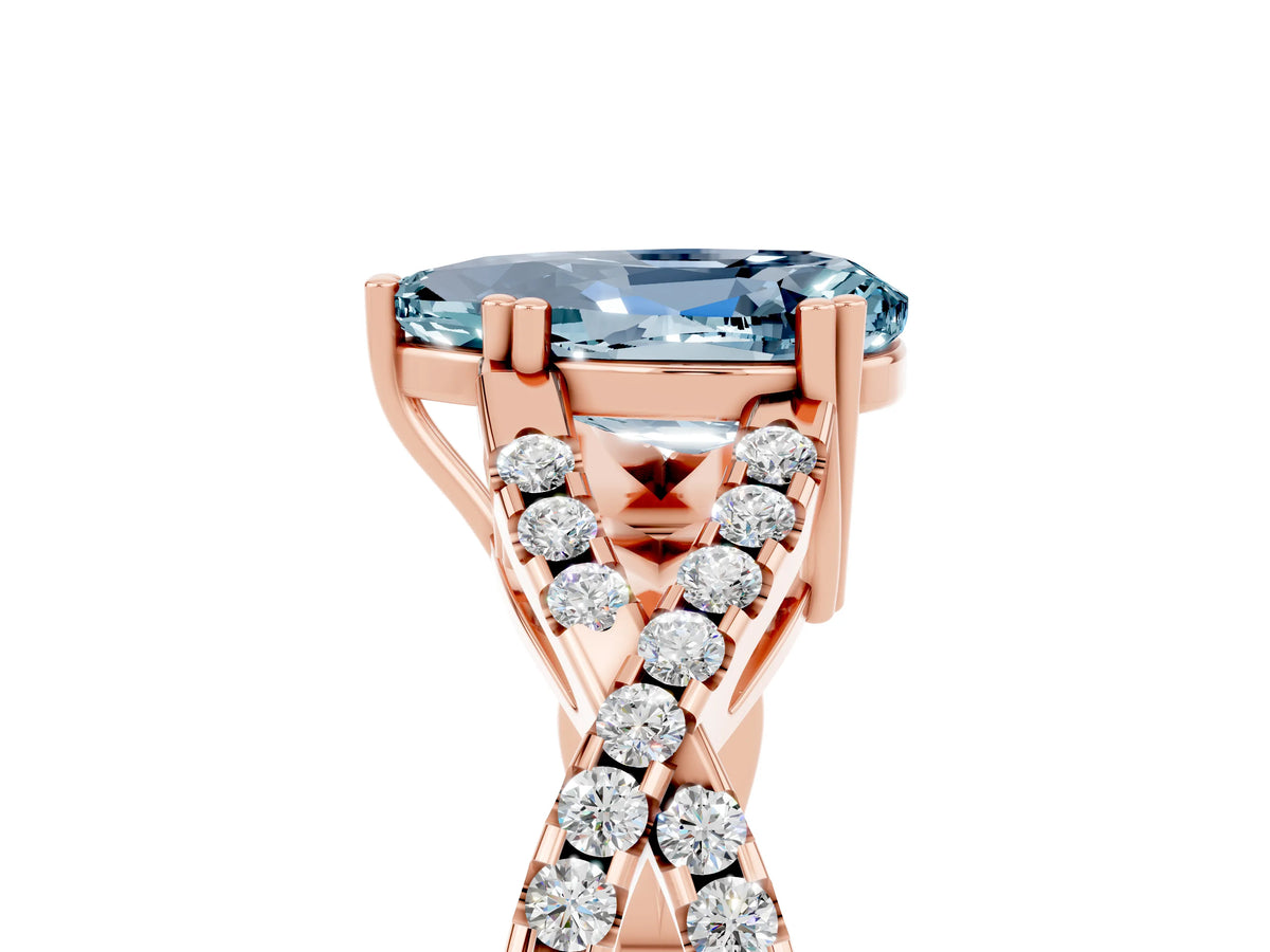 Pear Cut Aquamarine Solitaire Ring in Rose gold with Interwoven Pavé Band and Prong Setting_5