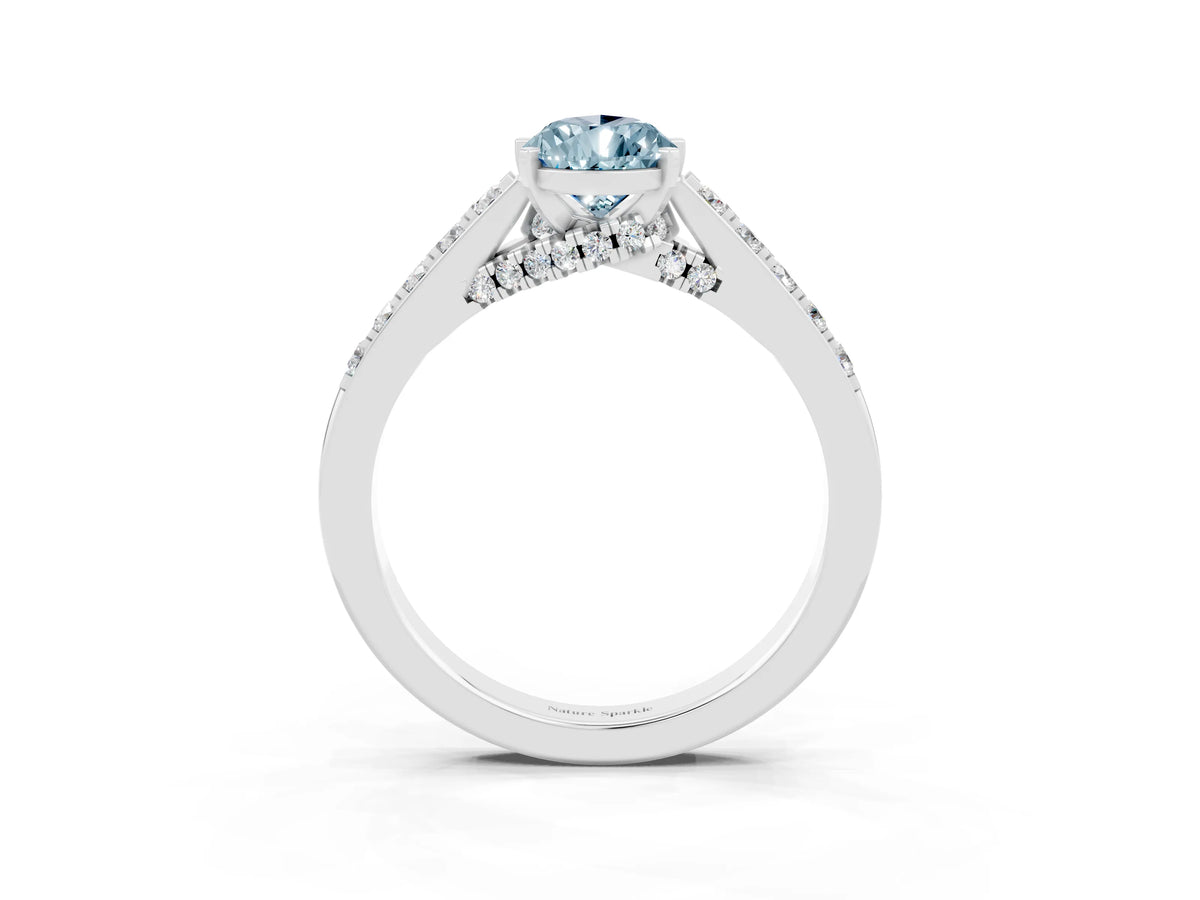 Pear Cut Aquamarine Solitaire Ring in White gold with Crossover Gallery and Round Pavé Band_3