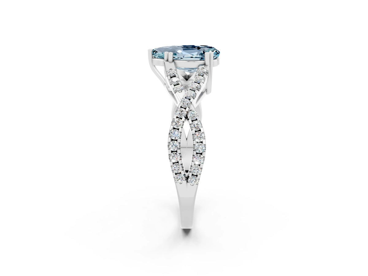 Pear Cut Aquamarine Solitaire Ring in White gold with Interwoven Pavé Band and Prong Setting_2