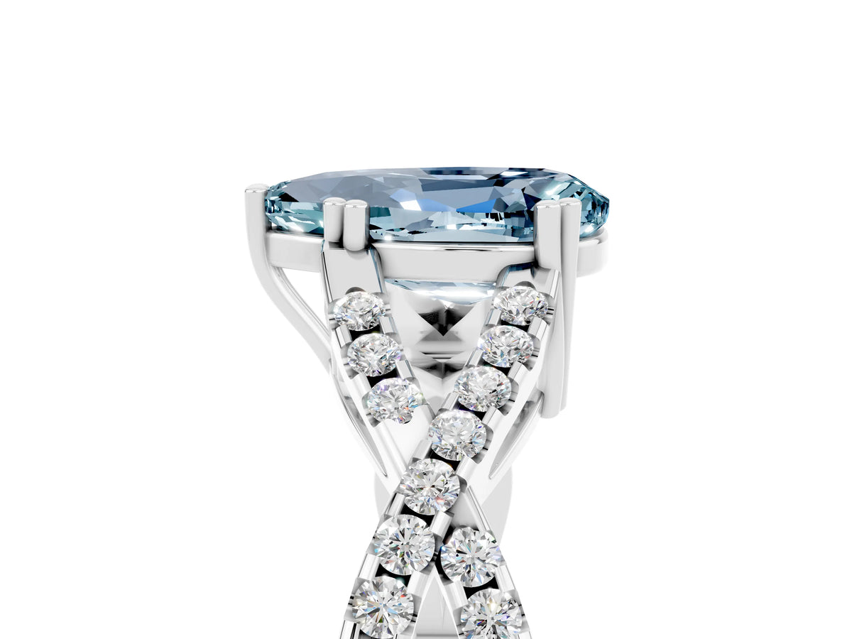 Pear Cut Aquamarine Solitaire Ring in White gold with Interwoven Pavé Band and Prong Setting_5