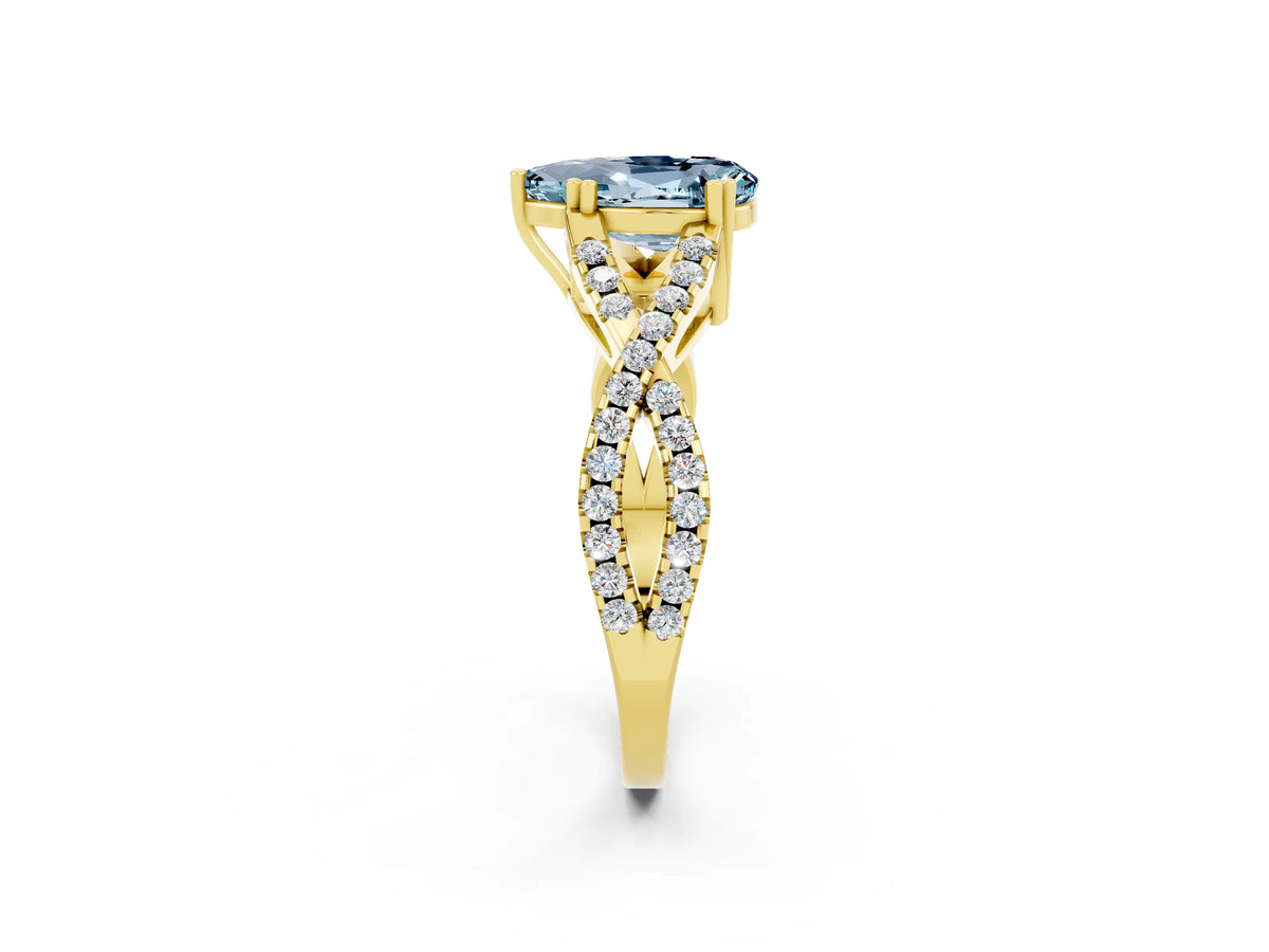 Pear Cut Aquamarine Solitaire Ring in Yellow gold with Interwoven Pavé Band and Prong Setting_2