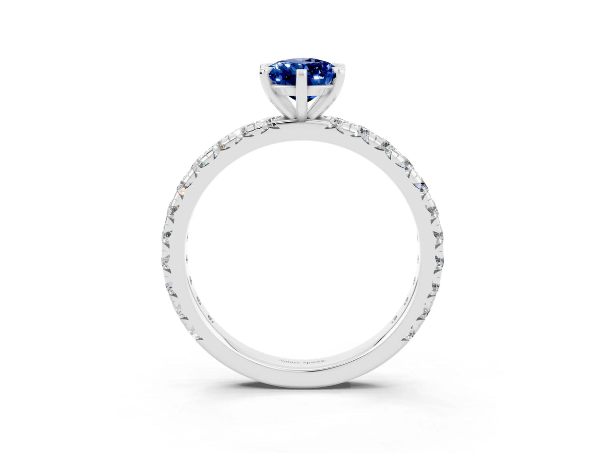 Pear Cut Blue Sapphire Pavé Solitaire Ring in White gold with Round Pavé Band and Prong Setting_3