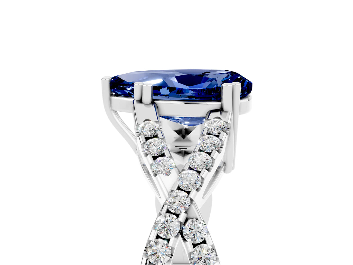 Pear Cut Blue Sapphire Solitaire Ring in Platinum with Interwoven Pavé Band and Prong Setting_11