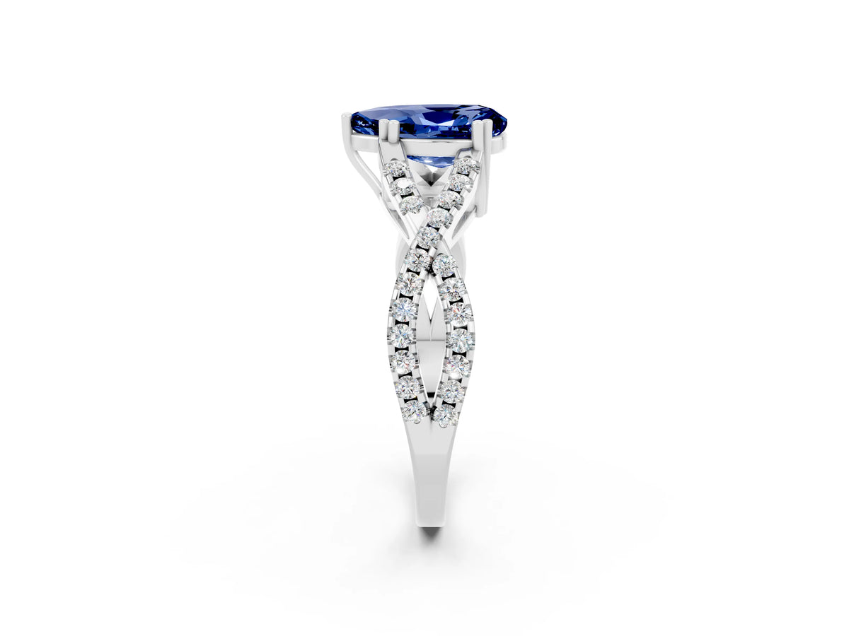 Pear Cut Blue Sapphire Solitaire Ring in Platinum with Interwoven Pavé Band and Prong Setting_8