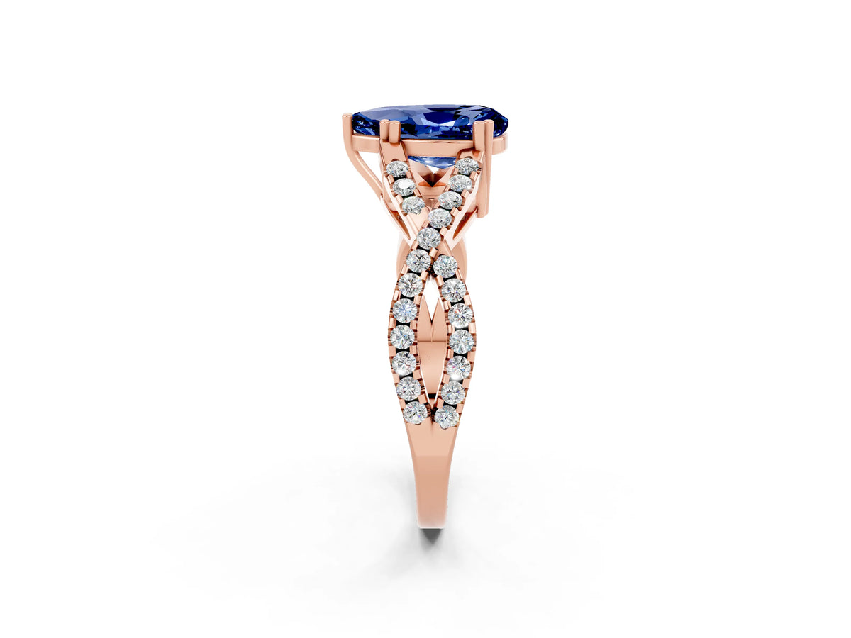 Pear Cut Blue Sapphire Solitaire Ring in Rose gold with Interwoven Pavé Band and Prong Setting_2