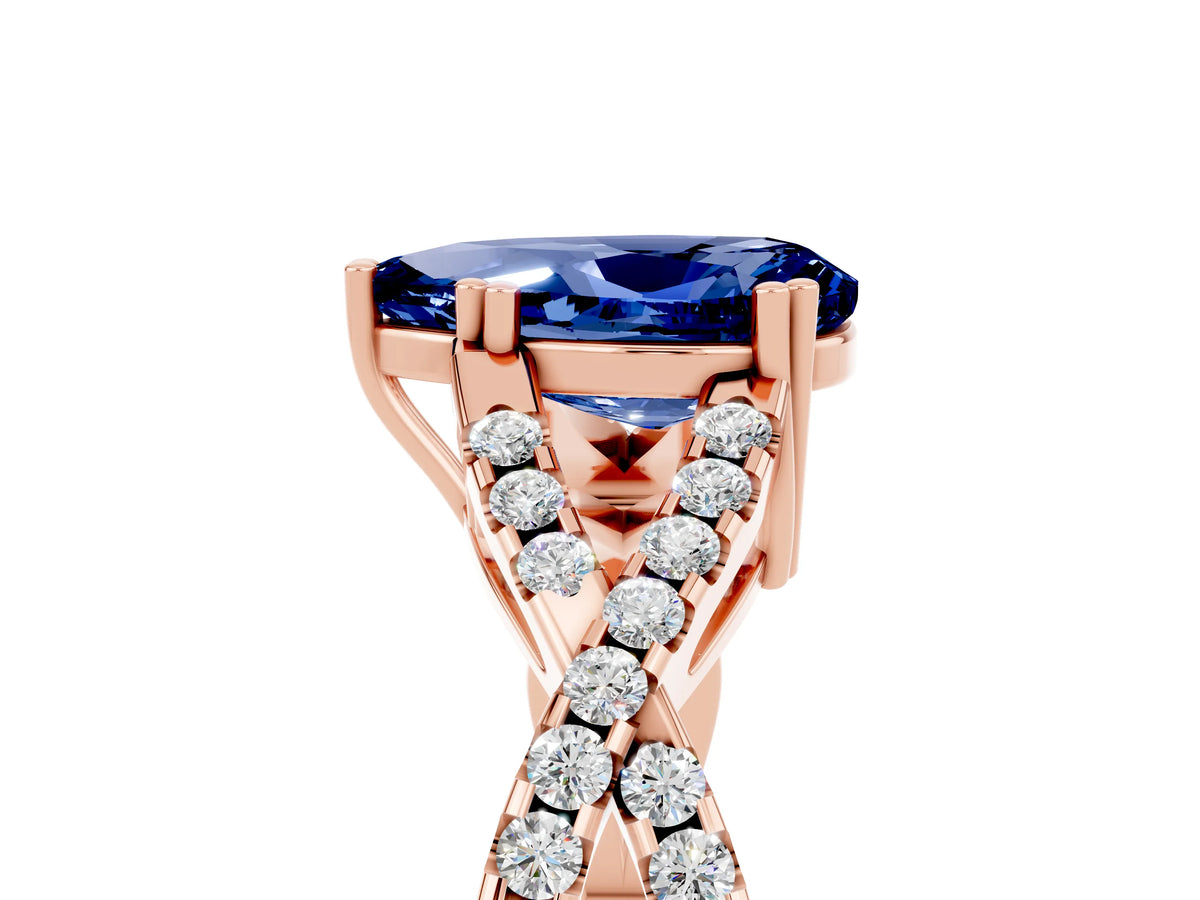 Pear Cut Blue Sapphire Solitaire Ring in Rose gold with Interwoven Pavé Band and Prong Setting_5
