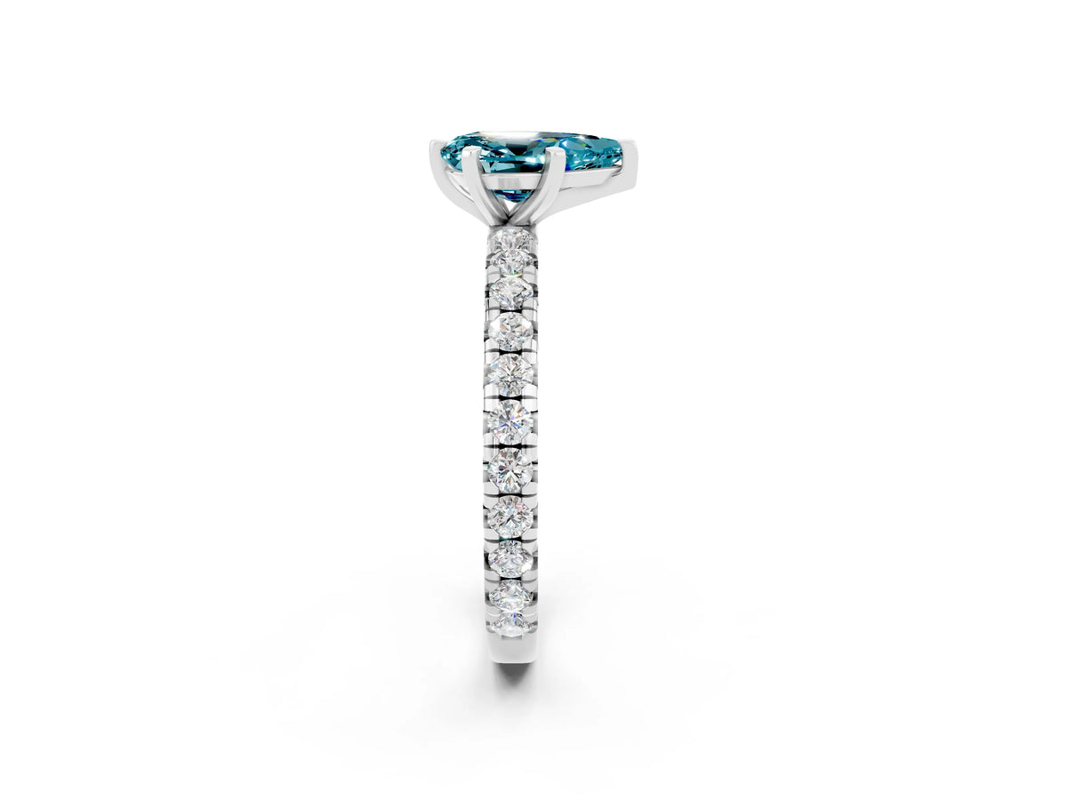 Pear Cut Blue Topaz Pavé Solitaire Ring in White gold with Round Pavé Band and Prong Setting_2