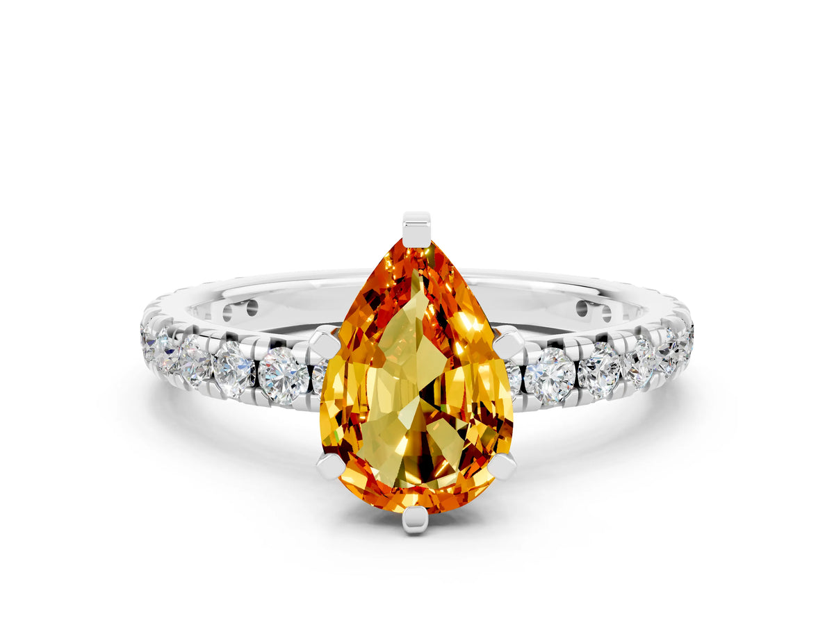 Pear Cut Citrine Pavé Solitaire Ring in White gold with Round Pavé Band and Prong Setting