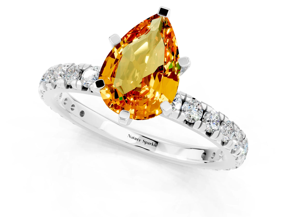 Pear Cut Citrine Pavé Solitaire Ring in White gold with Round Pavé Band and Prong Setting_1