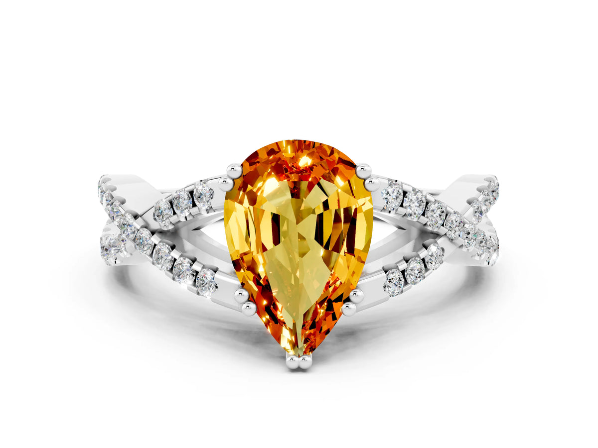 Pear Cut Citrine Solitaire Ring in Platinum with Interwoven Pavé Band and Prong Setting_6