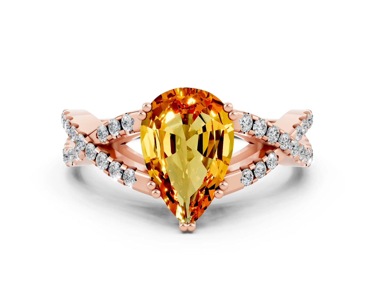 Pear Cut Citrine Solitaire Ring in Rose gold with Interwoven Pavé Band and Prong Setting