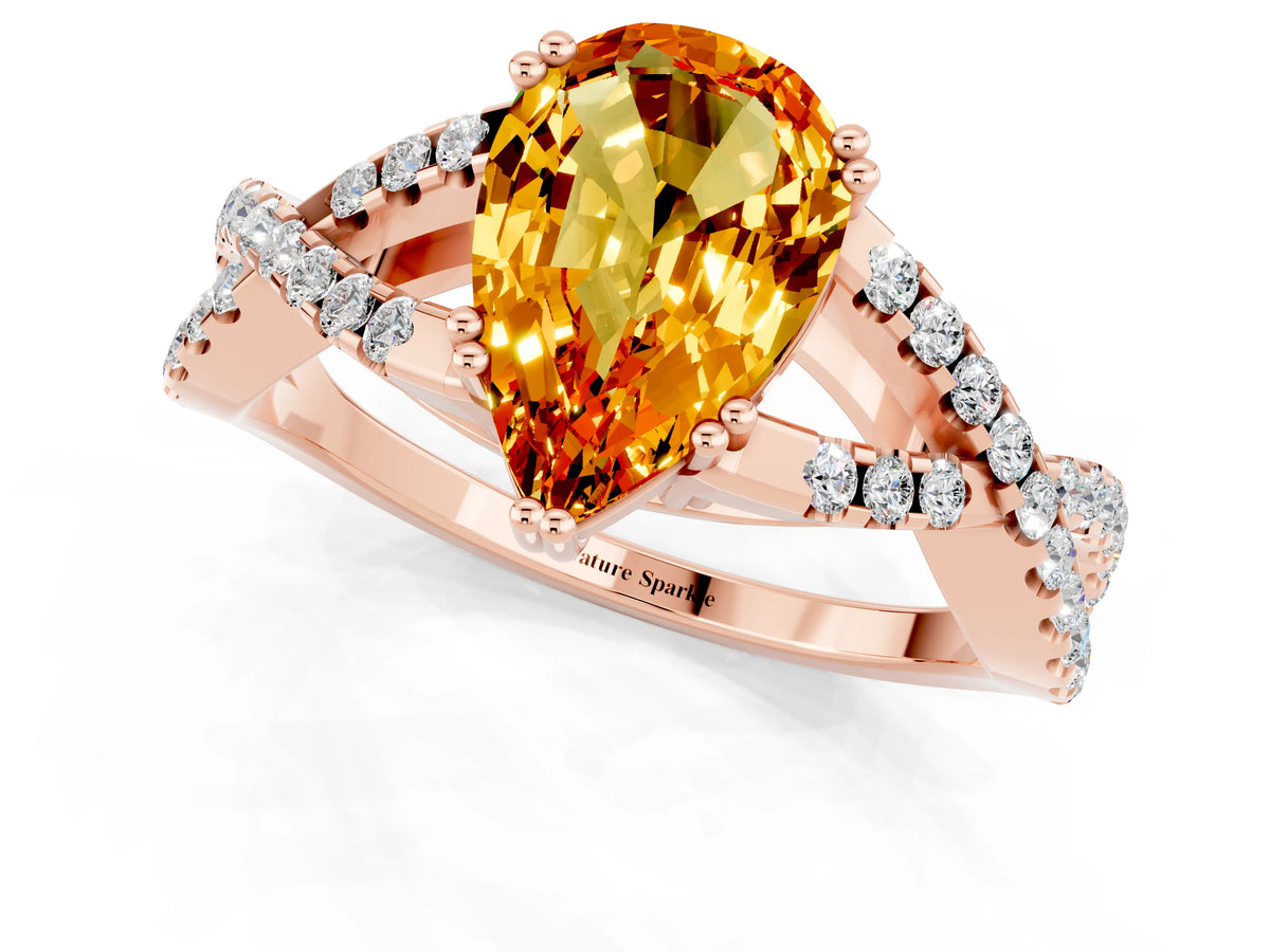 Pear Cut Citrine Solitaire Ring in Rose gold with Interwoven Pavé Band and Prong Setting_1