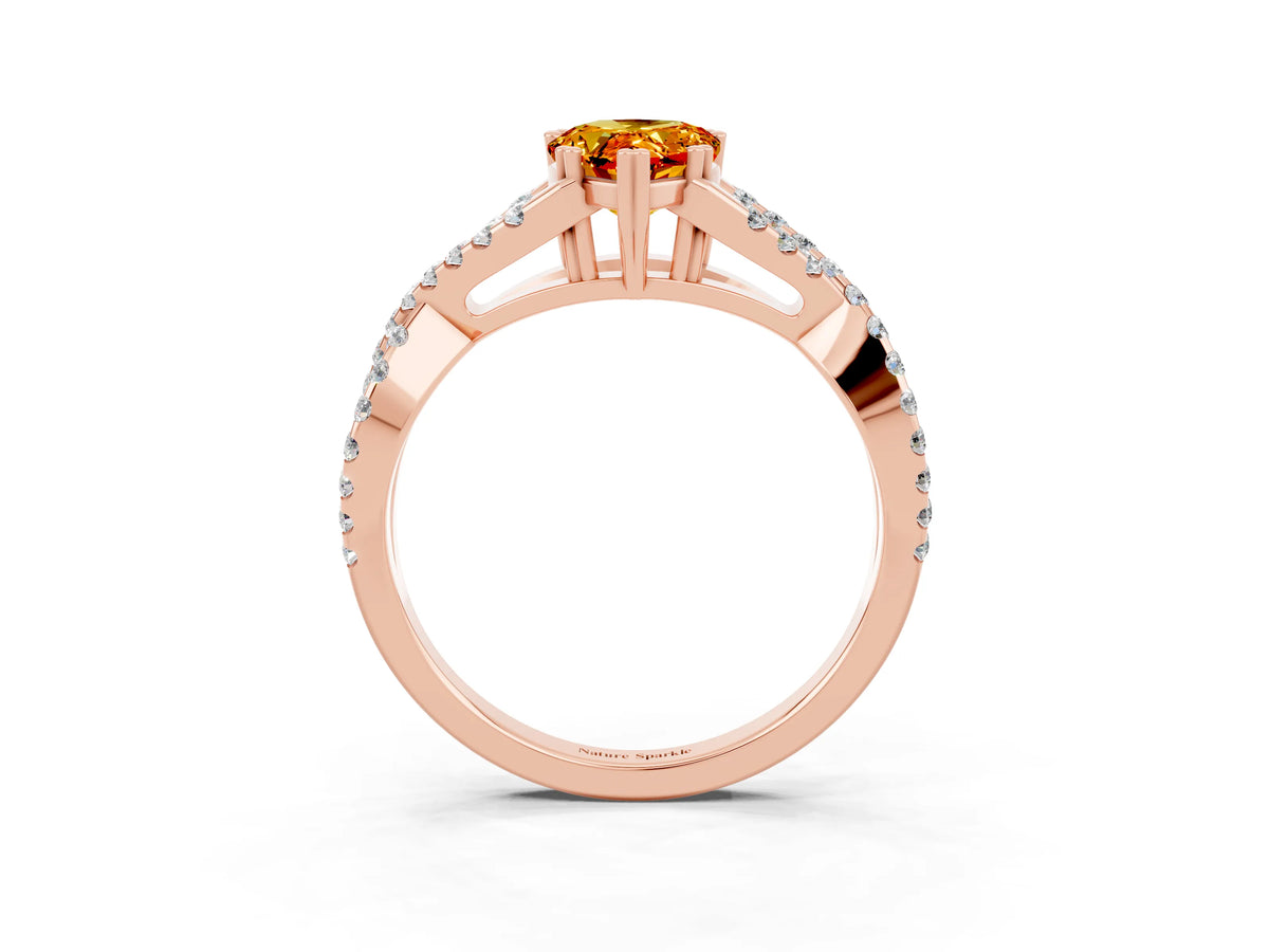 Pear Cut Citrine Solitaire Ring in Rose gold with Interwoven Pavé Band and Prong Setting_3