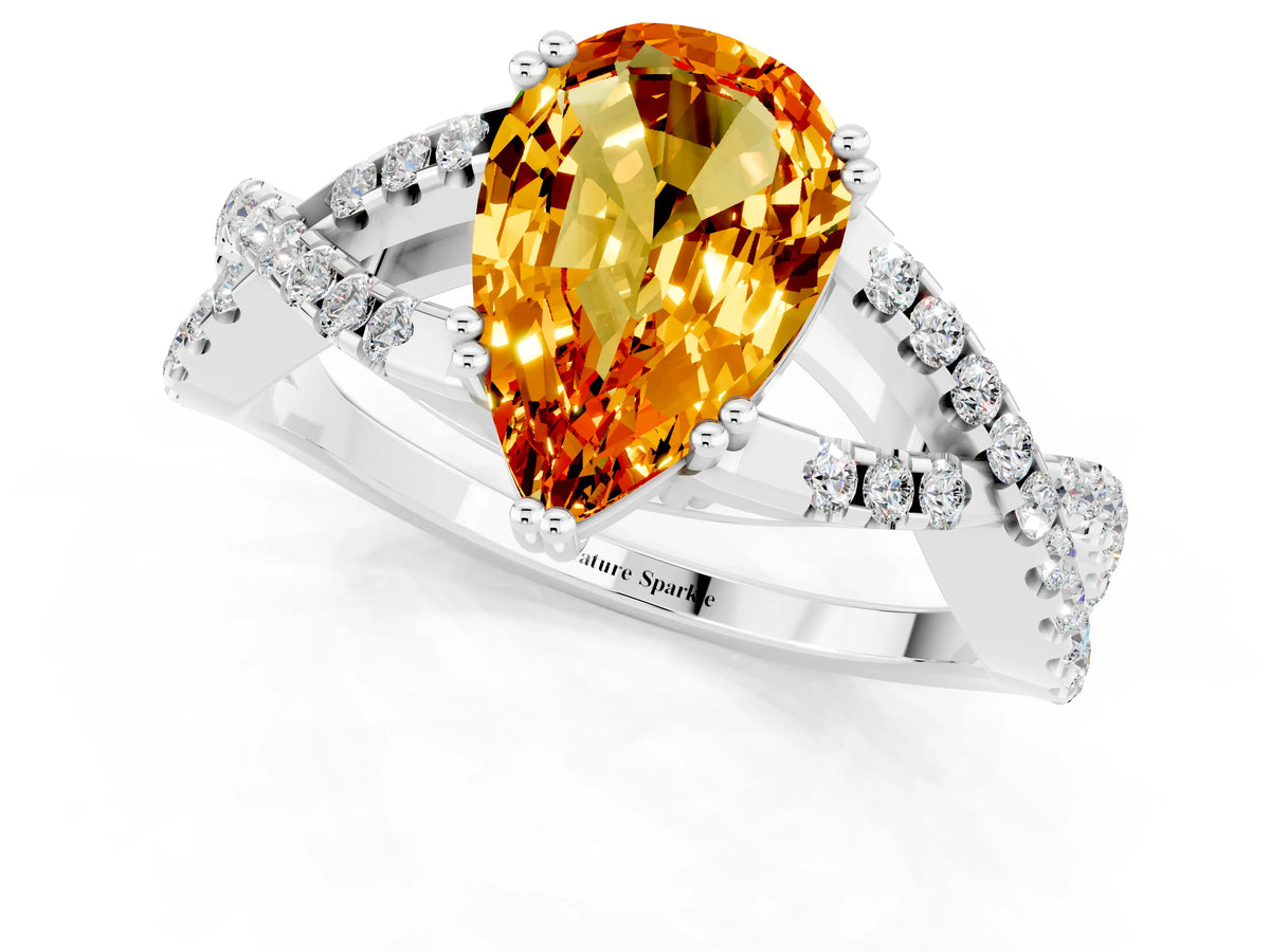Pear Cut Citrine Solitaire Ring in Silver with Interwoven Pavé Band and Prong Setting_7