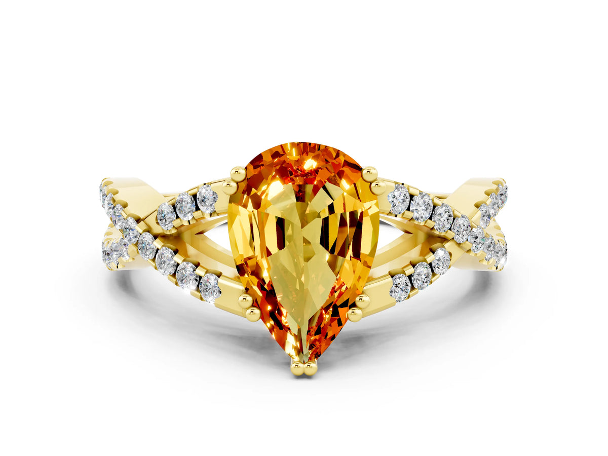 Pear Cut Citrine Solitaire Ring in Yellow gold with Interwoven Pavé Band and Prong Setting