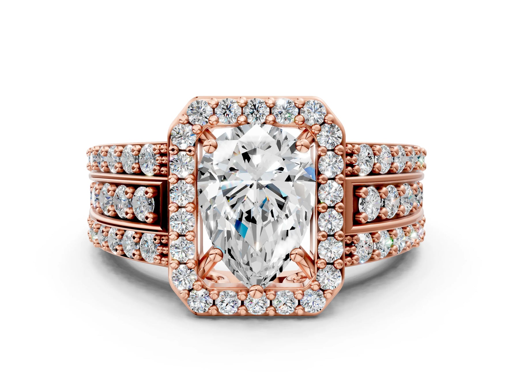 Pear Cut Diamond Halo Engagement Ring in Rose gold with Triple-Row Round Band_18