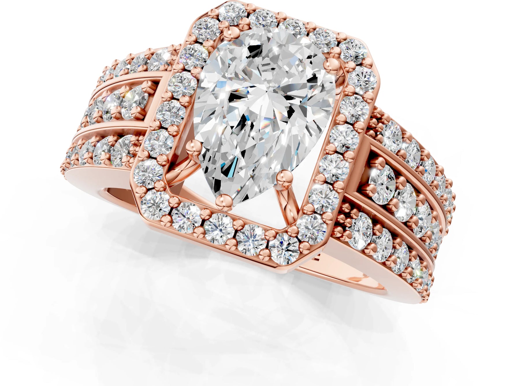 Pear Cut Diamond Halo Engagement Ring in Rose gold with Triple-Row Round Band_19