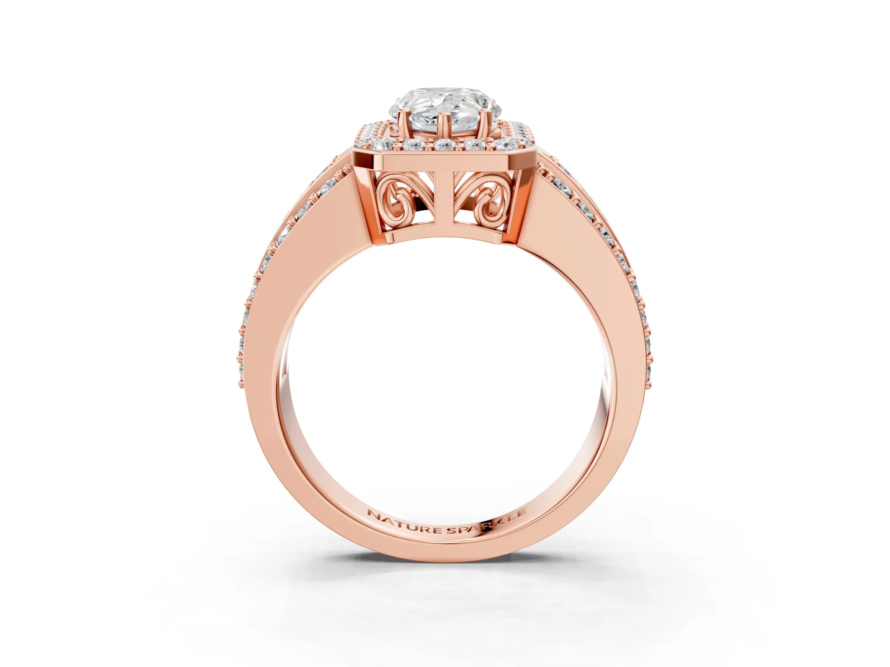 Pear Cut Diamond Halo Engagement Ring in Rose gold with Triple-Row Round Band_21