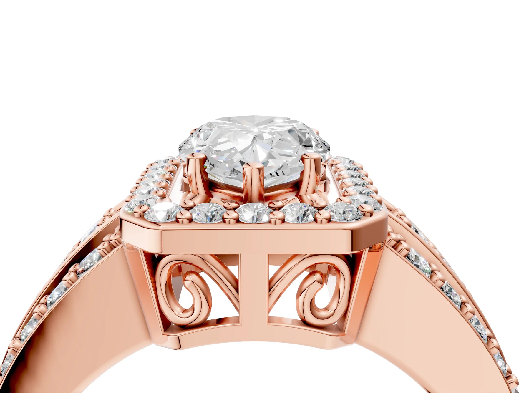 Pear Cut Diamond Halo Engagement Ring in Rose gold with Triple-Row Round Band_22