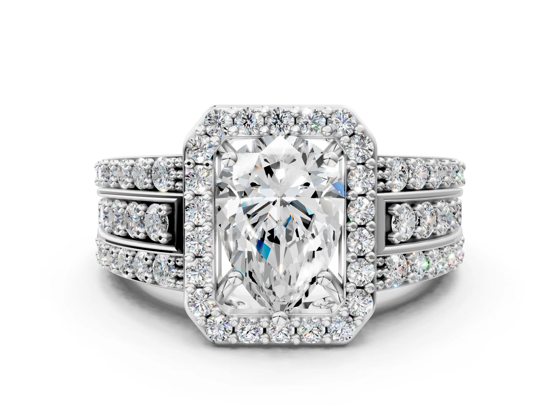Pear Cut Diamond Halo Engagement Ring in White gold with Triple-Row Round Band_18