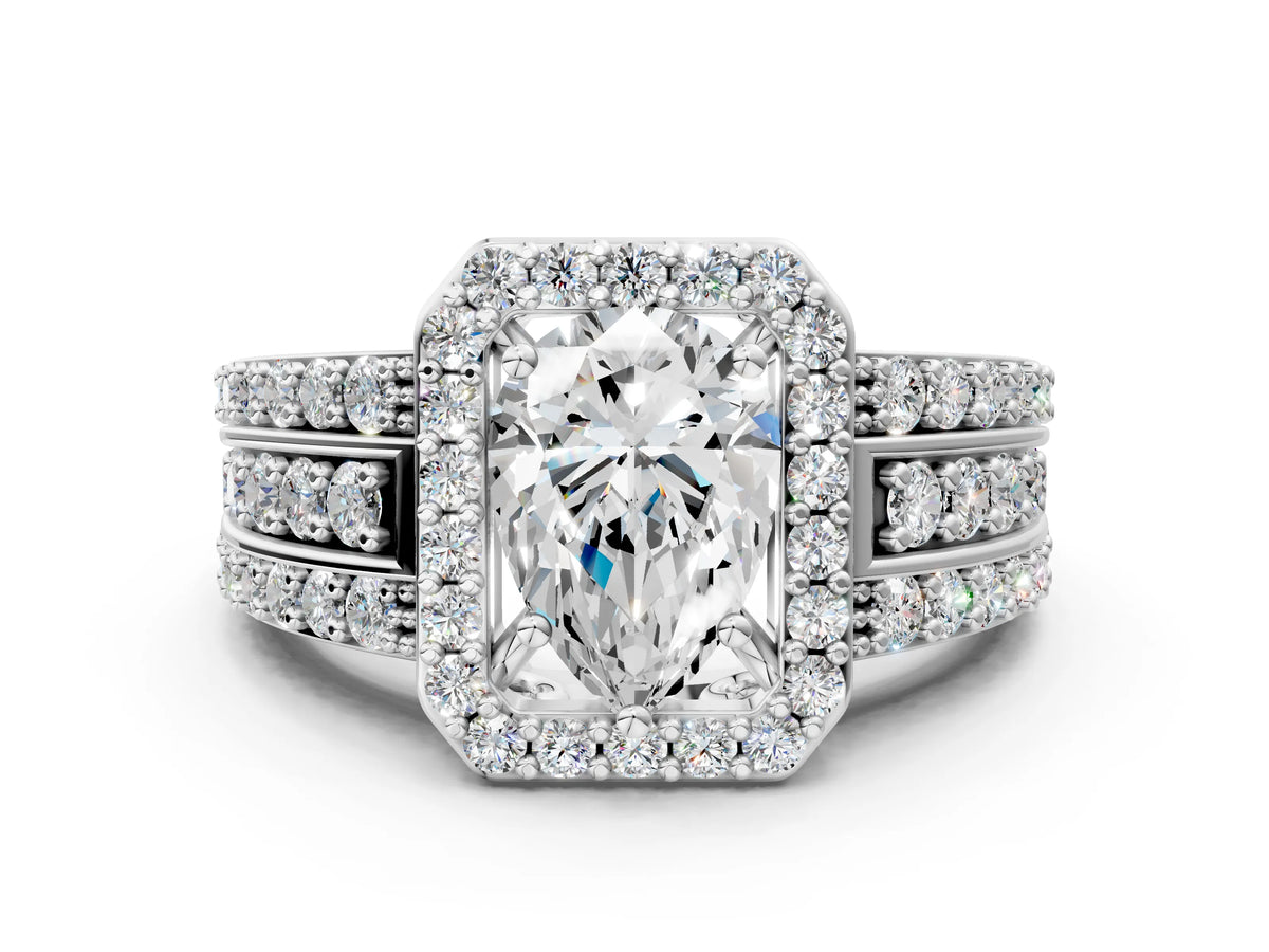 Pear Cut Diamond Halo Engagement Ring in White gold with Triple-Row Round Band_18