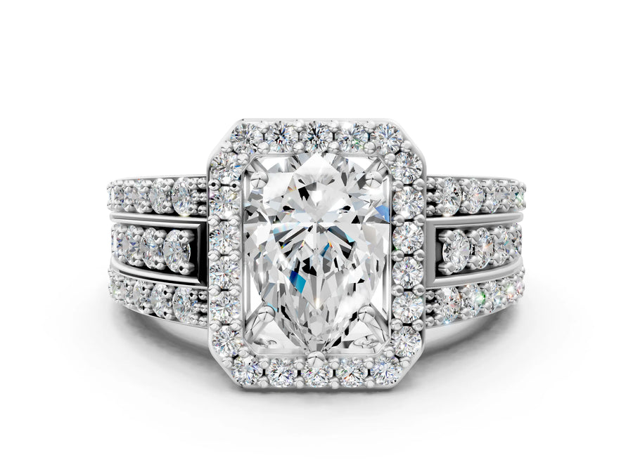 Pear Cut Diamond Halo Engagement Ring in White gold with Triple-Row Round Band