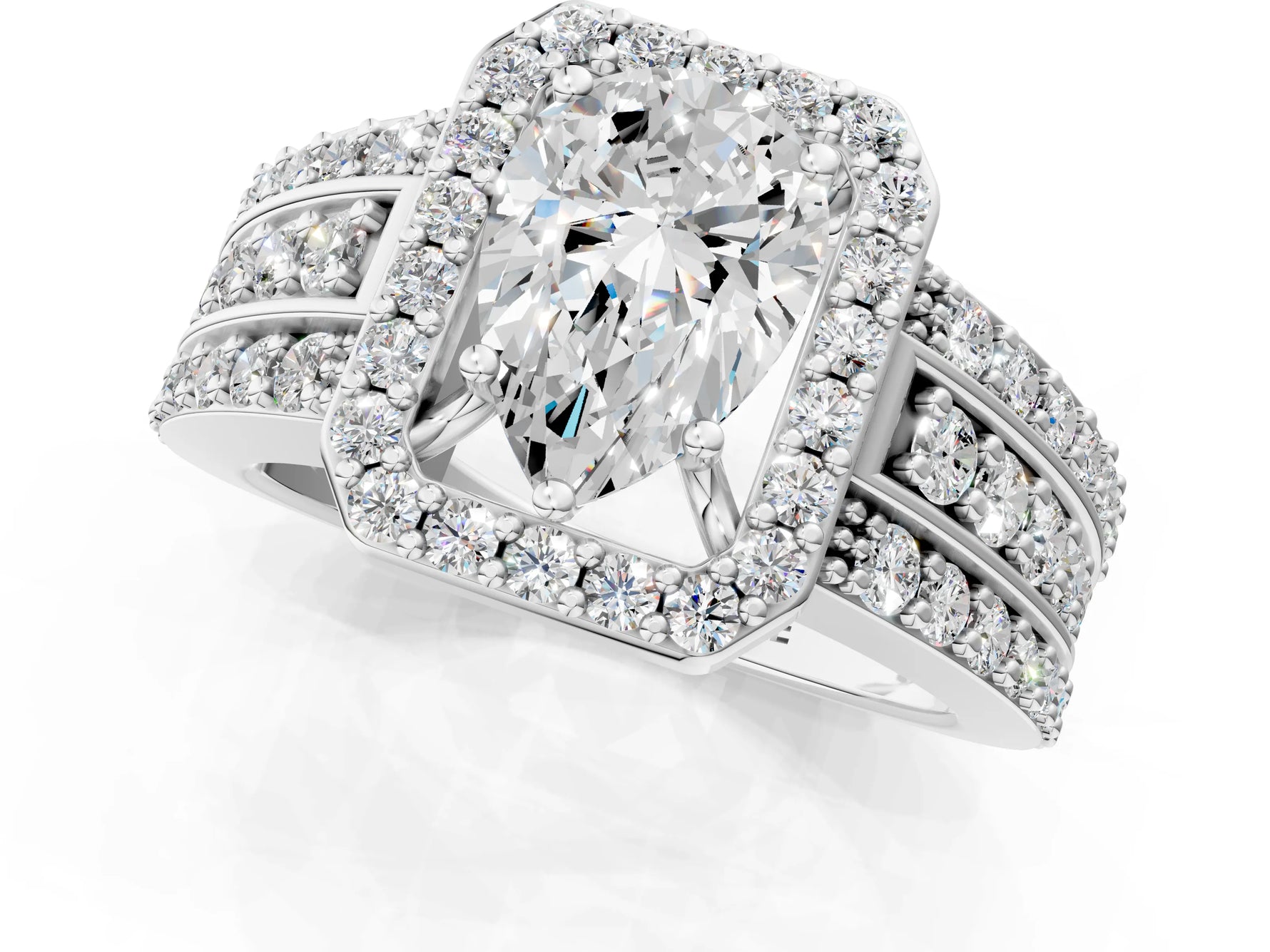 Pear Cut Diamond Halo Engagement Ring in White gold with Triple-Row Round Band_19