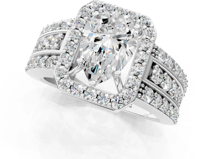 Pear Cut Diamond Halo Engagement Ring in Platinum with Triple-Row Round Band