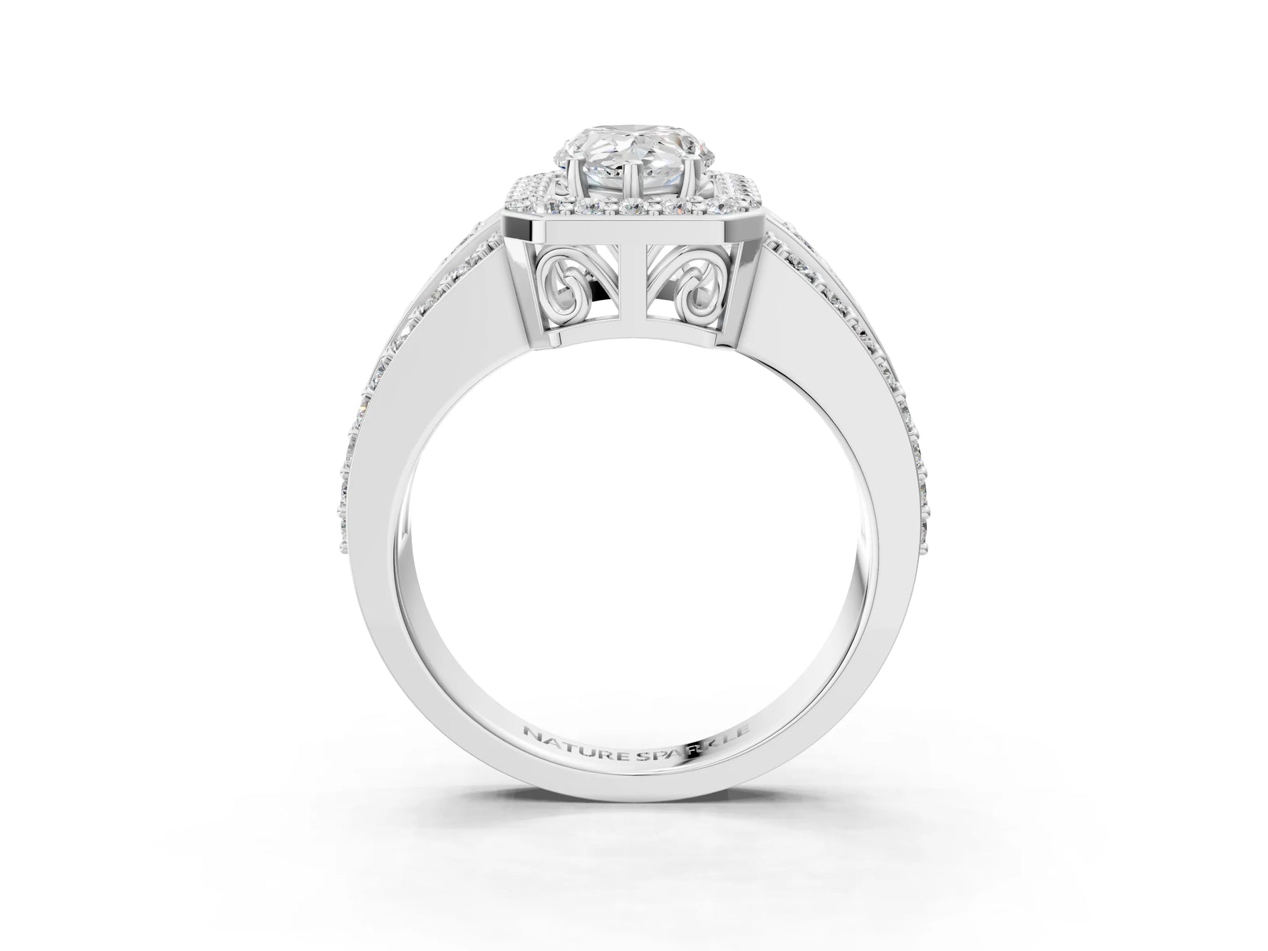 Pear Cut Diamond Halo Engagement Ring in White gold with Triple-Row Round Band_21
