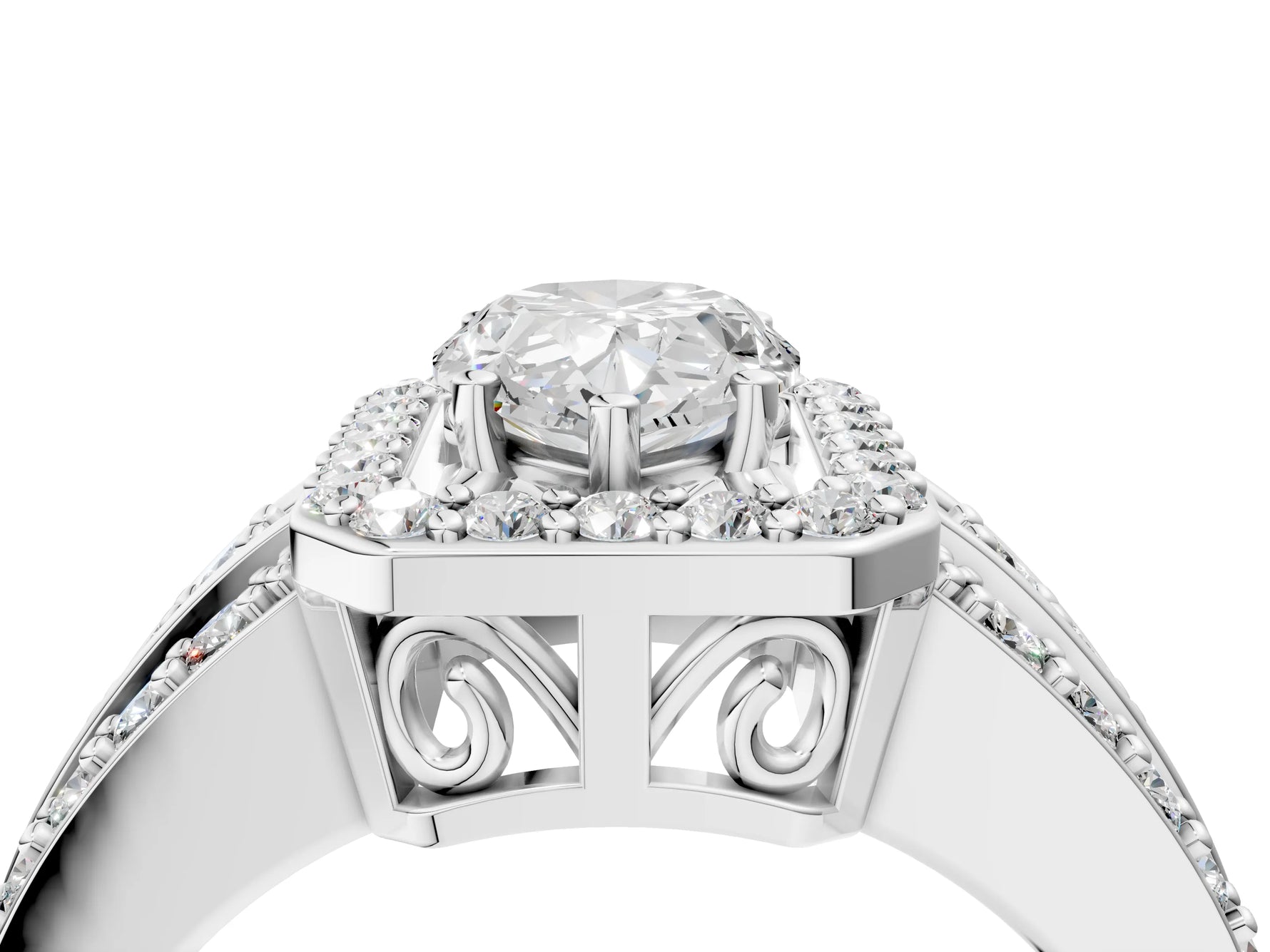 Pear Cut Diamond Halo Engagement Ring in White gold with Triple-Row Round Band_22