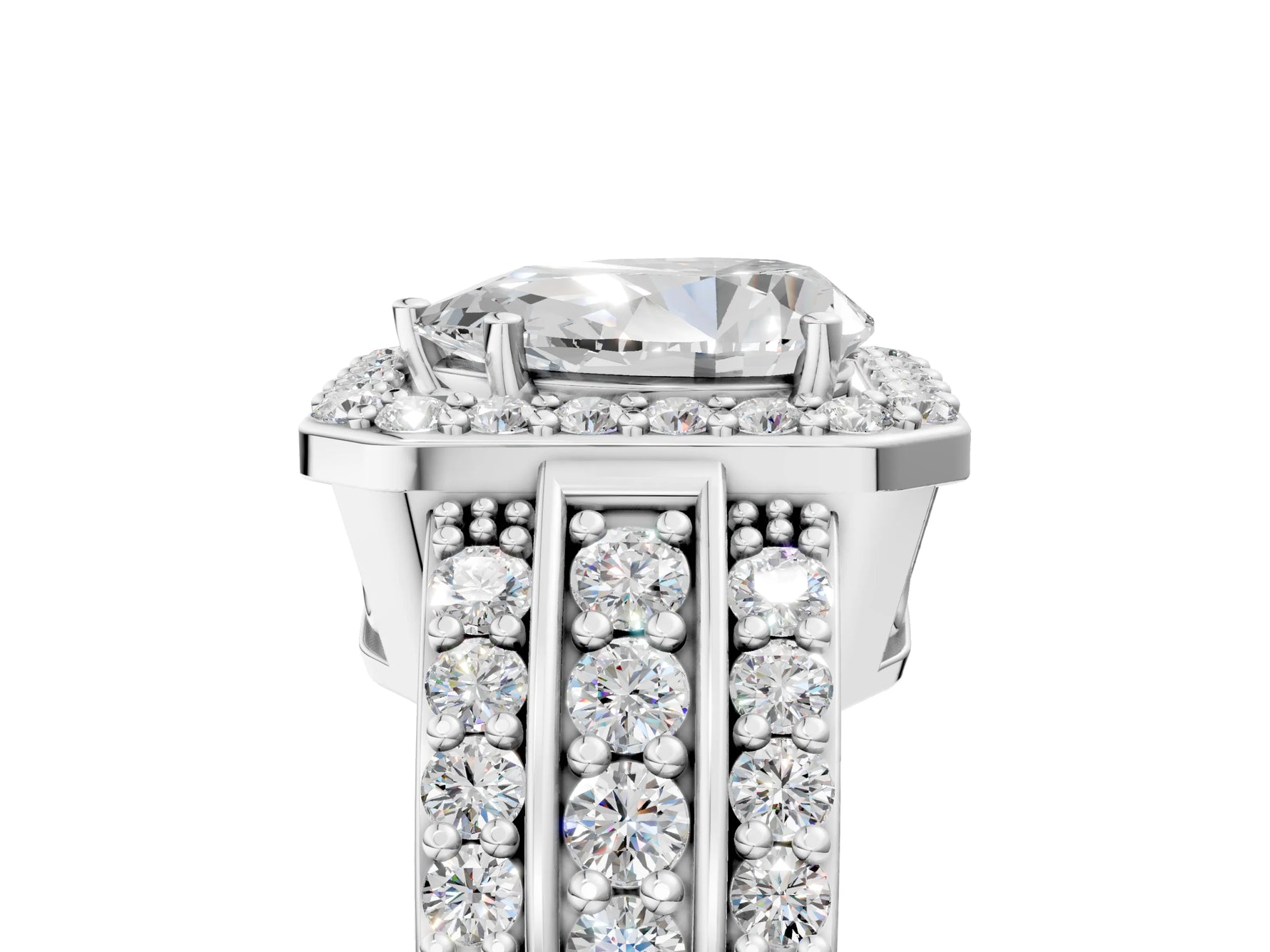 Pear Cut Diamond Halo Engagement Ring in White gold with Triple-Row Round Band_23