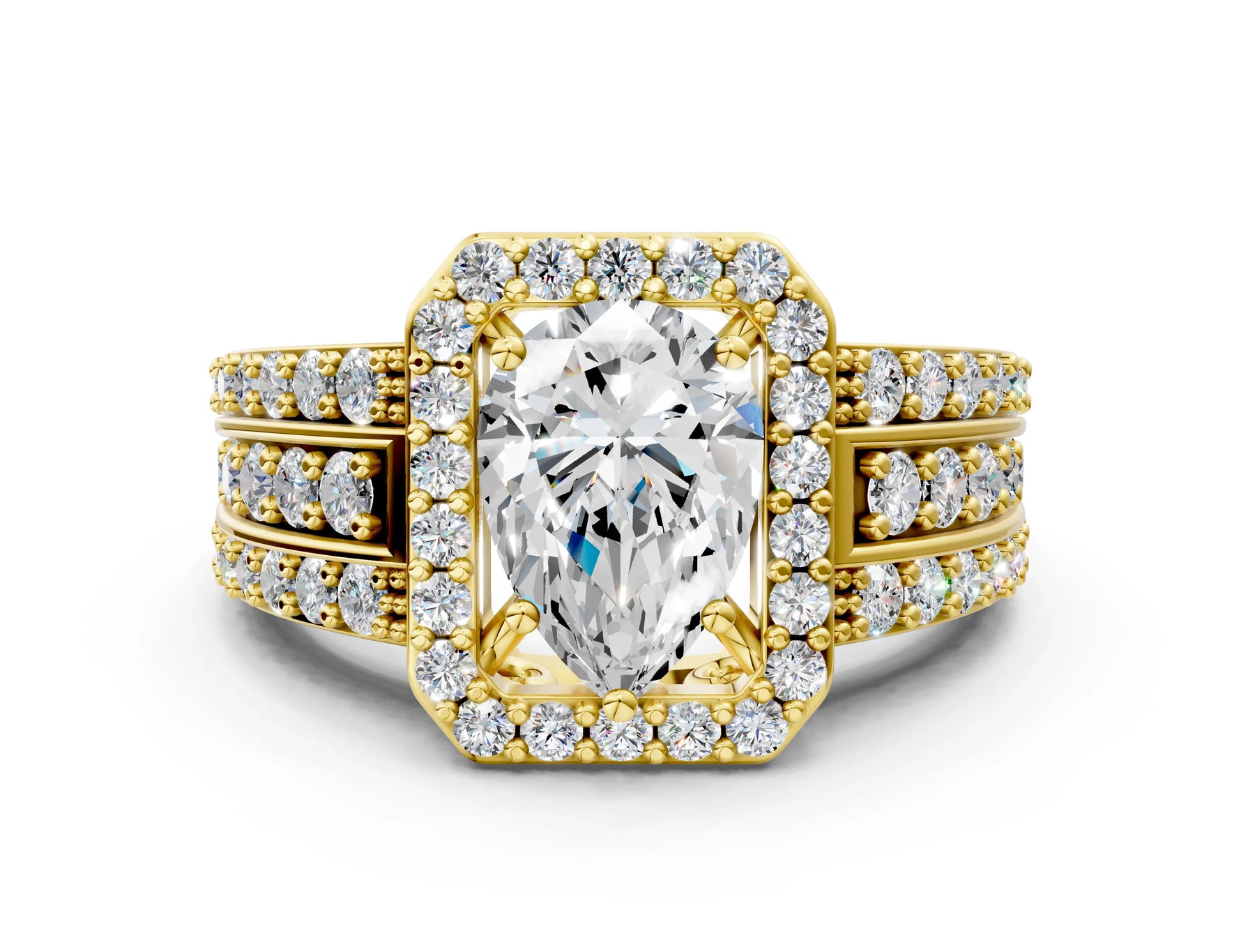 Pear Cut Diamond Halo Engagement Ring in Yellow gold with Triple-Row Round Band_18