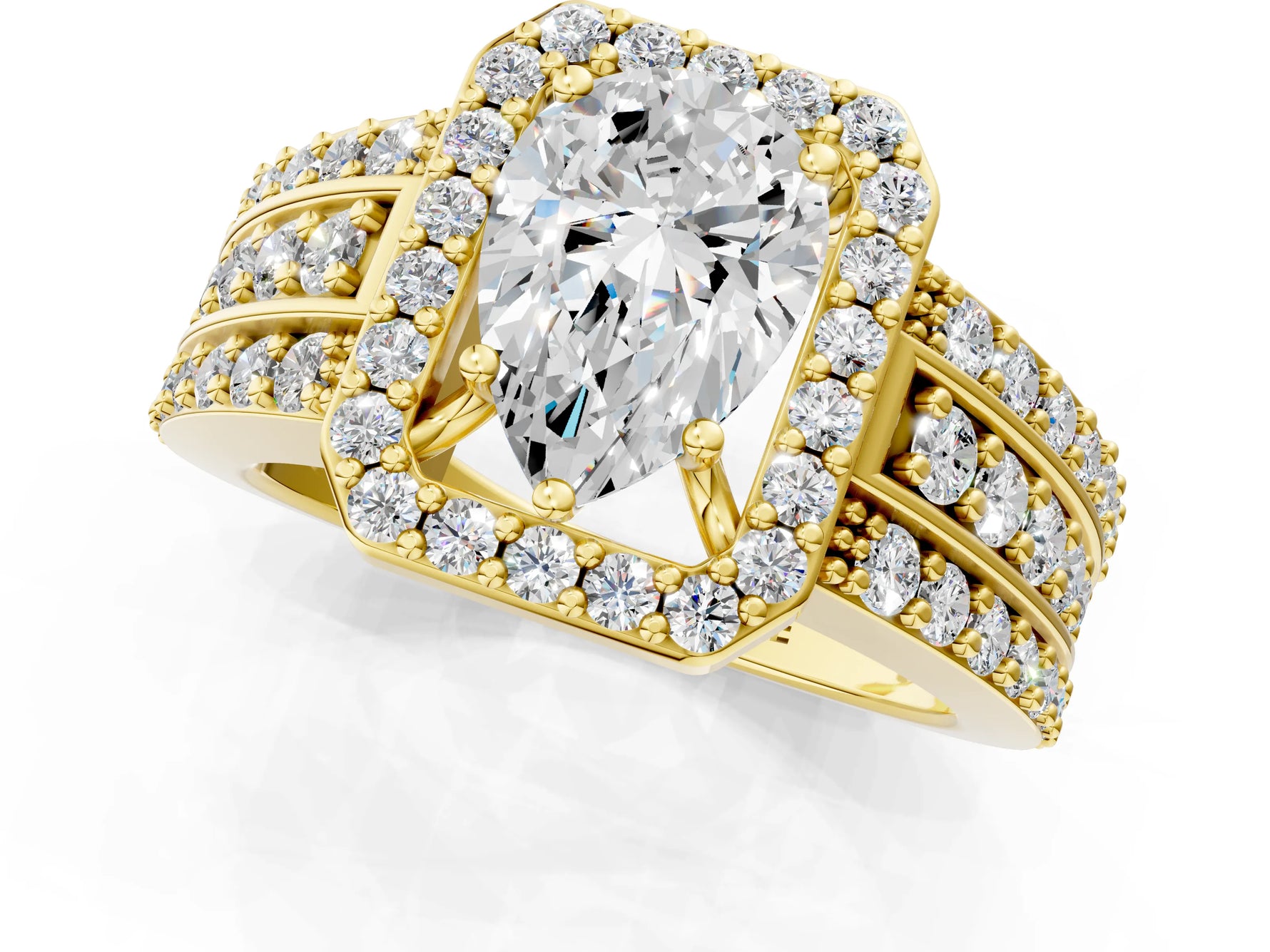 Pear Cut Diamond Halo Engagement Ring in Yellow gold with Triple-Row Round Band_19