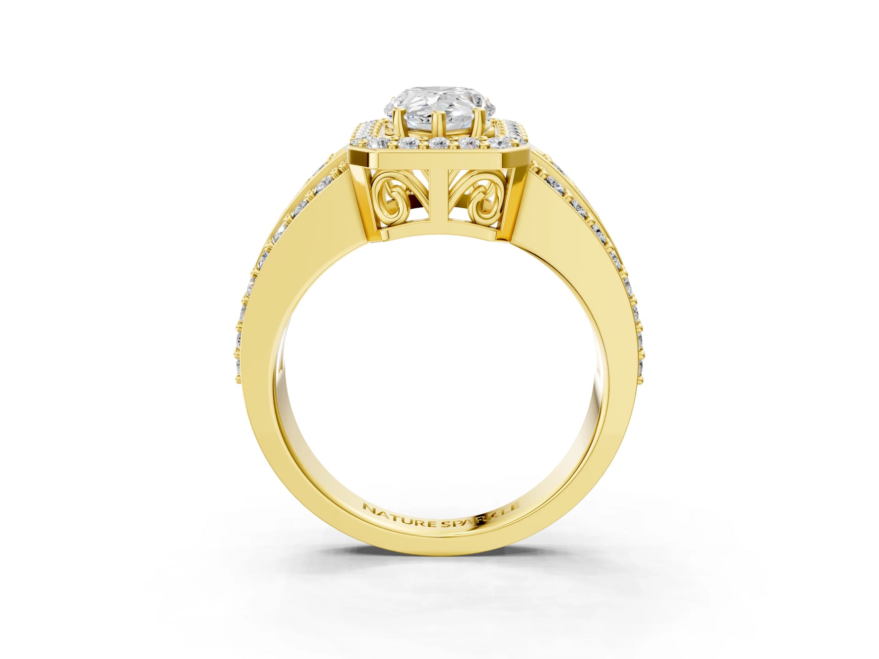 Pear Cut Diamond Halo Engagement Ring in Yellow gold with Triple-Row Round Band_21