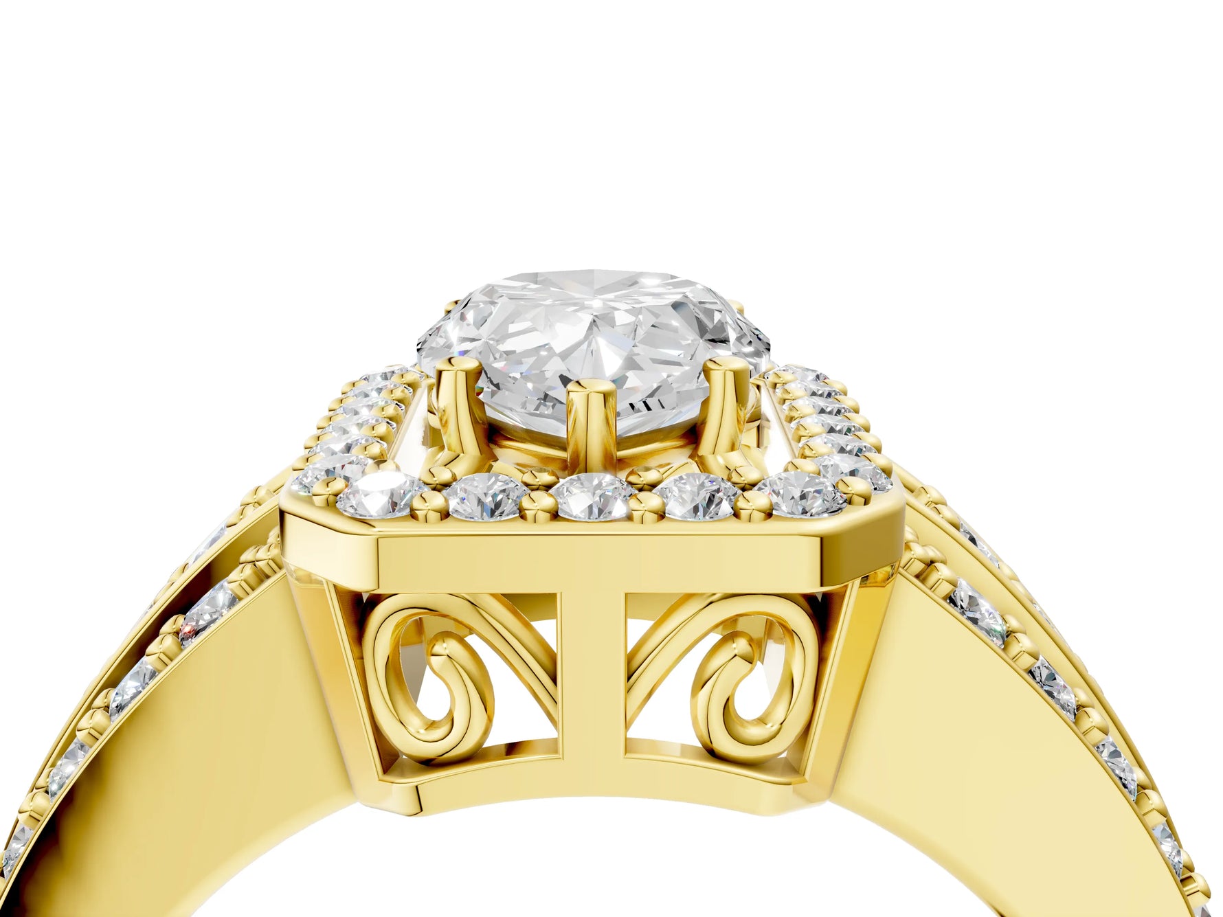 Pear Cut Diamond Halo Engagement Ring in Yellow gold with Triple-Row Round Band_22