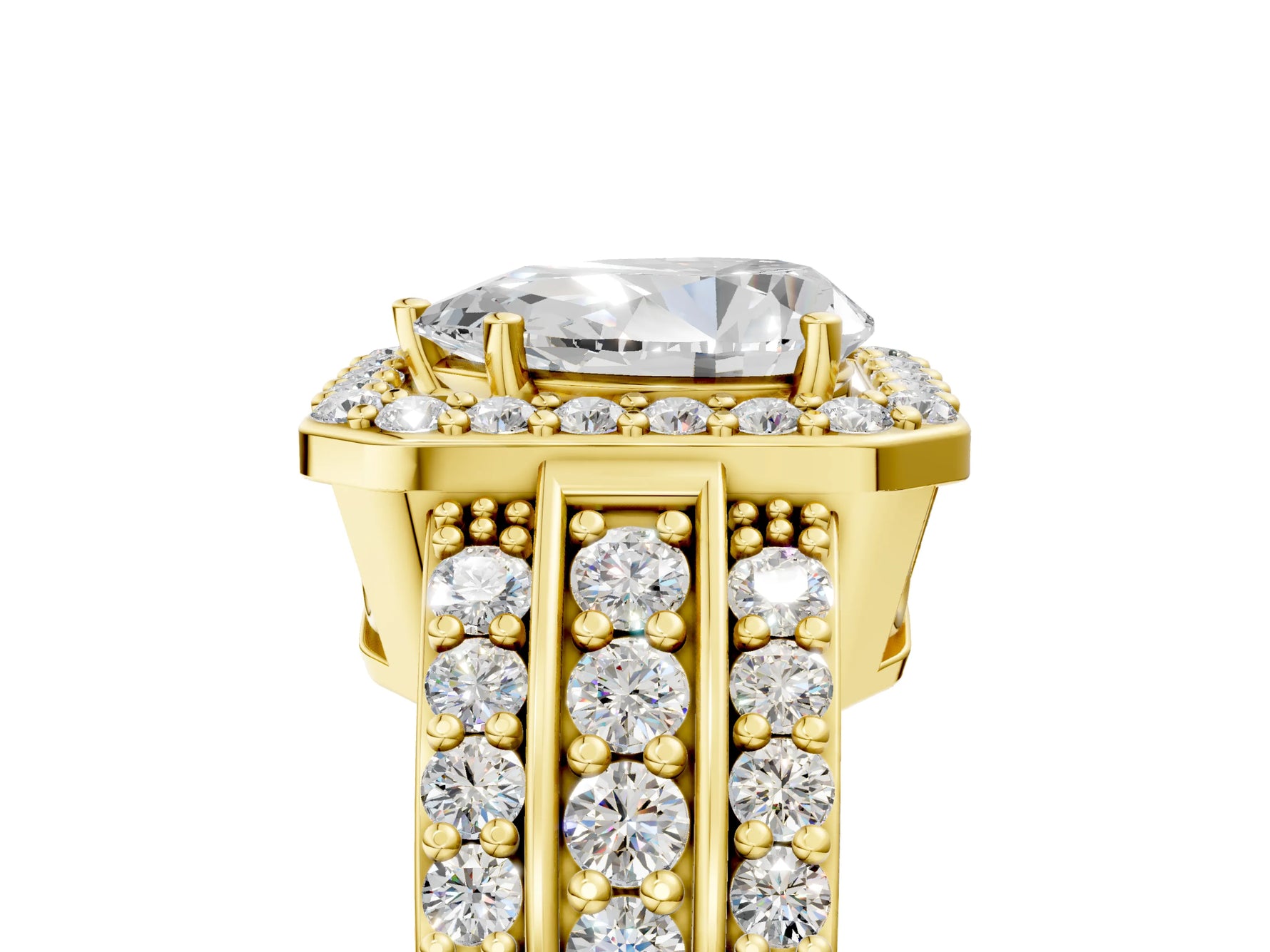 Pear Cut Diamond Halo Engagement Ring in Yellow gold with Triple-Row Round Band_23