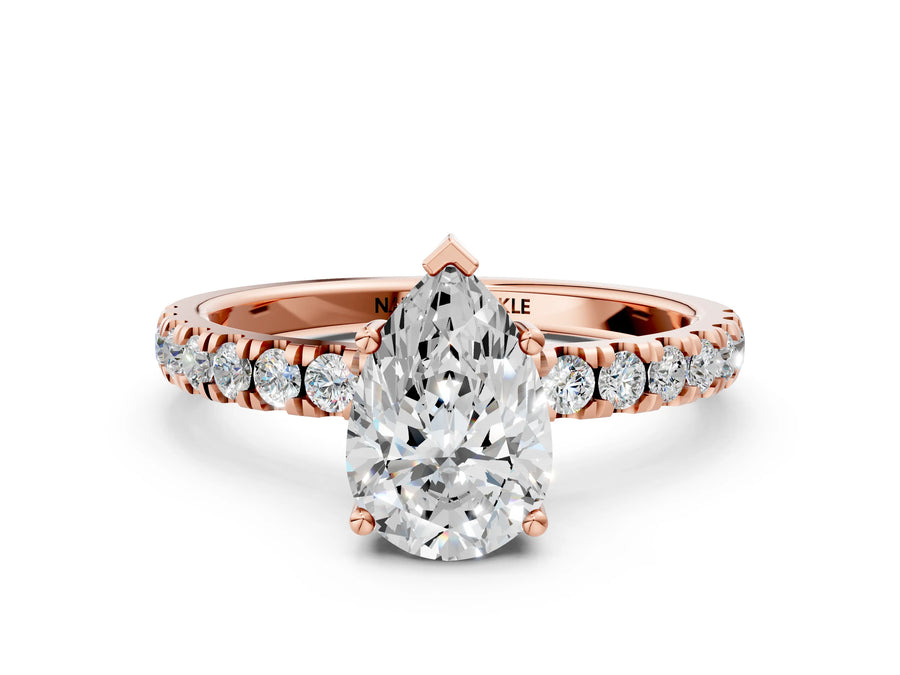 Pear Cut Diamond Hidden Halo Engagement Ring in Rose gold with Round Pavé Band