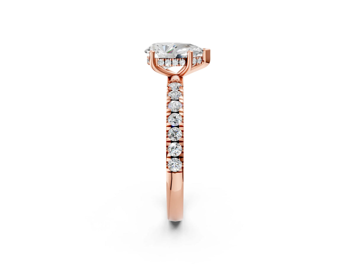 Pear Cut Diamond Hidden Halo Engagement Ring in Rose gold with Round Pavé Band_20