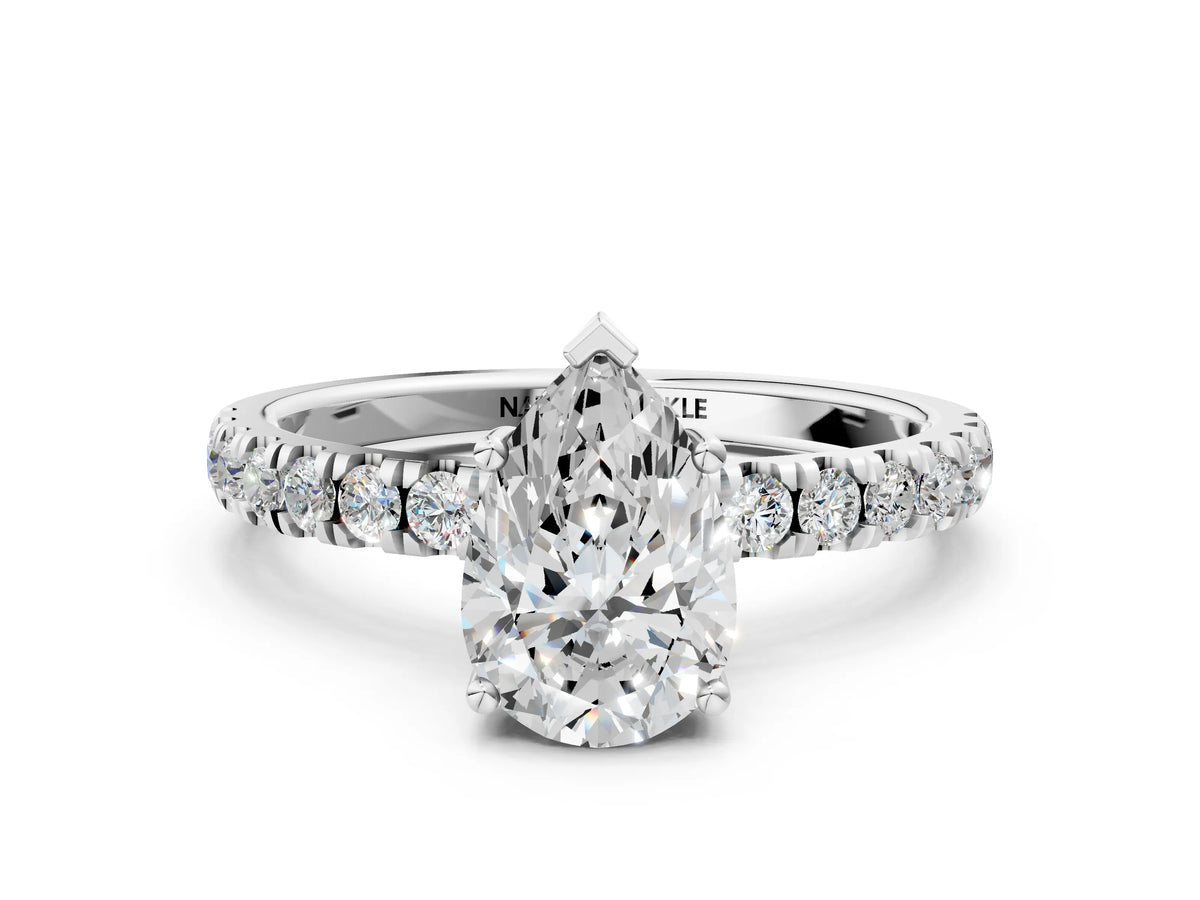 Pear Cut Diamond Hidden Halo Engagement Ring in White gold with Round Pavé Band_18