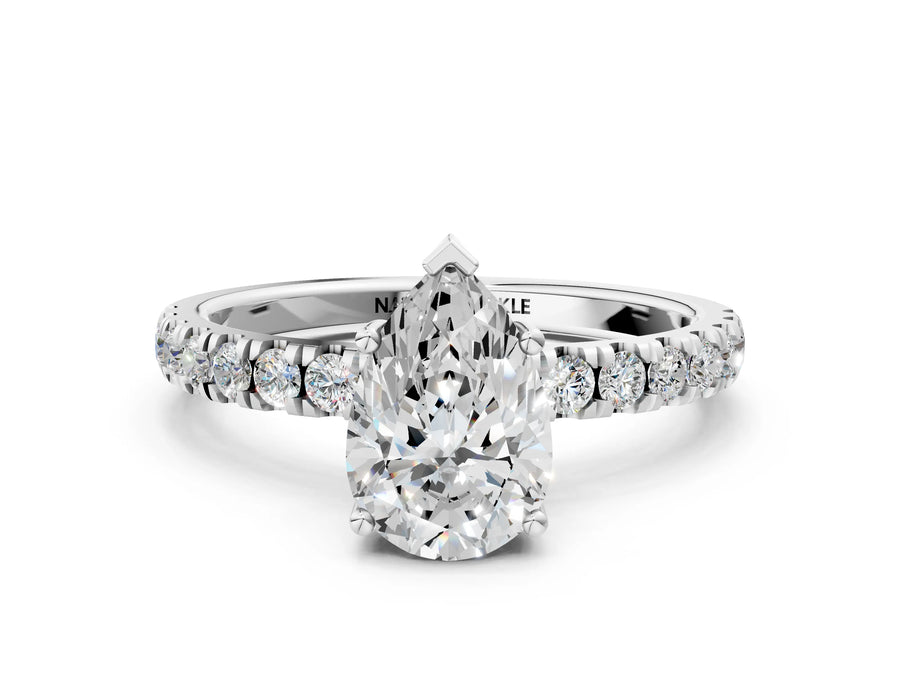 Pear Cut Diamond Hidden Halo Engagement Ring in White gold with Round Pavé Band