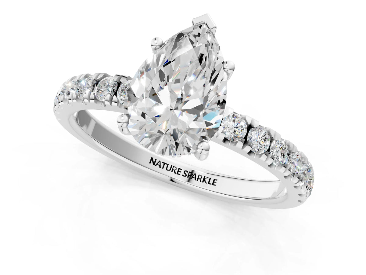 Pear Cut Diamond Hidden Halo Engagement Ring in White gold with Round Pavé Band_19