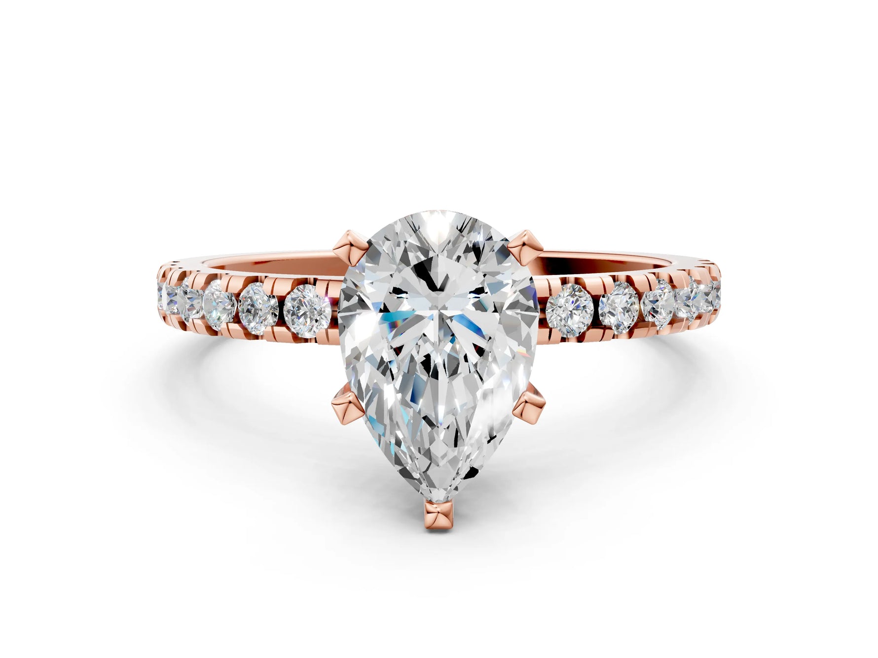 Pear Cut Diamond Hidden Halo Solitaire Ring in Rose gold with Round Pavé Band and Prong Setting_24