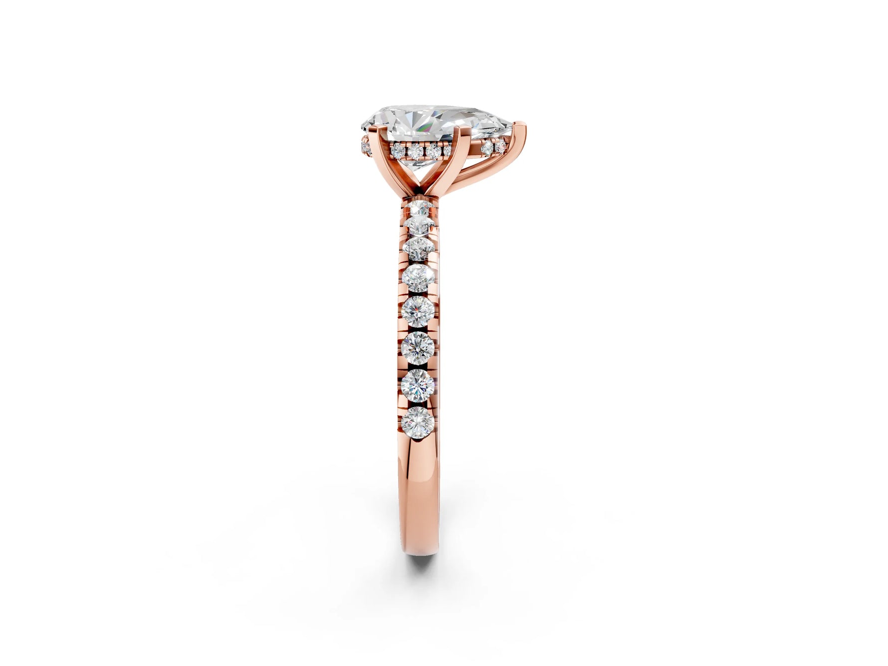 Pear Cut Diamond Hidden Halo Solitaire Ring in Rose gold with Round Pavé Band and Prong Setting_26