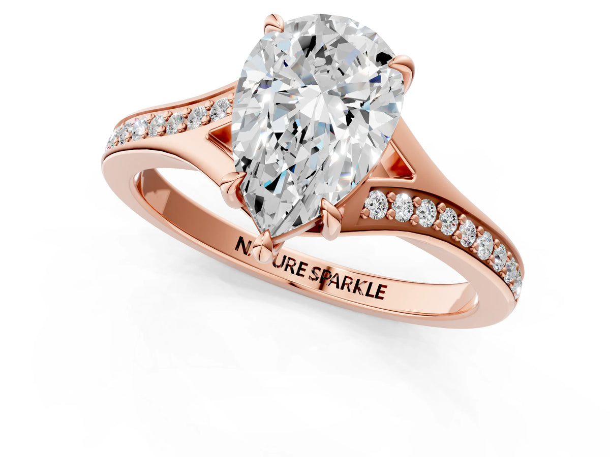 Pear Cut Diamond Hidden Halo Solitaire Ring in Rose gold with Round Pavé Band and Prong Setting_61
